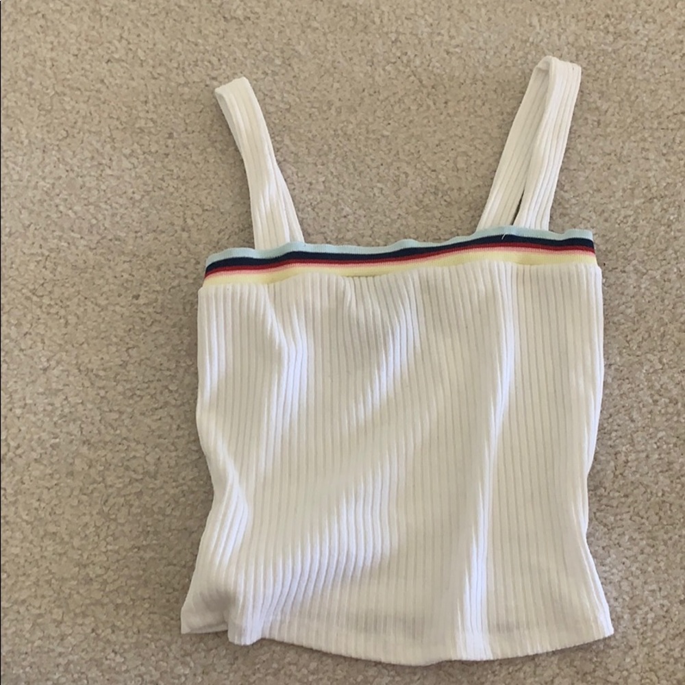 White ribbed top with rainbow detail
